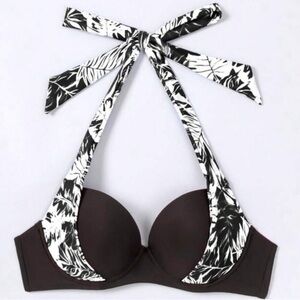 🏝️Black & White Leaf Print Halter Push Up Bikini Top